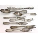 Mixed Lot: Five Georgian fiddle pattern dessert forks, two Victorian spoons together with a