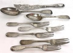 Mixed Lot: Five Georgian fiddle pattern dessert forks, two Victorian spoons together with a