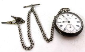 A silver pocket watch with a silver Albert chain, the chain is hallmarked on the T bar and the