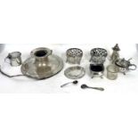 Mixed Lot: A large silver capstan ink well (a/f), a pair of Edwardian pierced frame open salts,