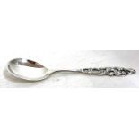 Vintage Norweigan 830S white metal spoon with pierced scrolling foliate handle, 13cm long