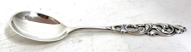 Vintage Norweigan 830S white metal spoon with pierced scrolling foliate handle, 13cm long