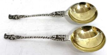 Pair of Victorian silver apostle spoons with cast twist stems to circular gilt bowls, hallmarked for