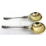 Pair of Victorian silver apostle spoons with cast twist stems to circular gilt bowls, hallmarked for