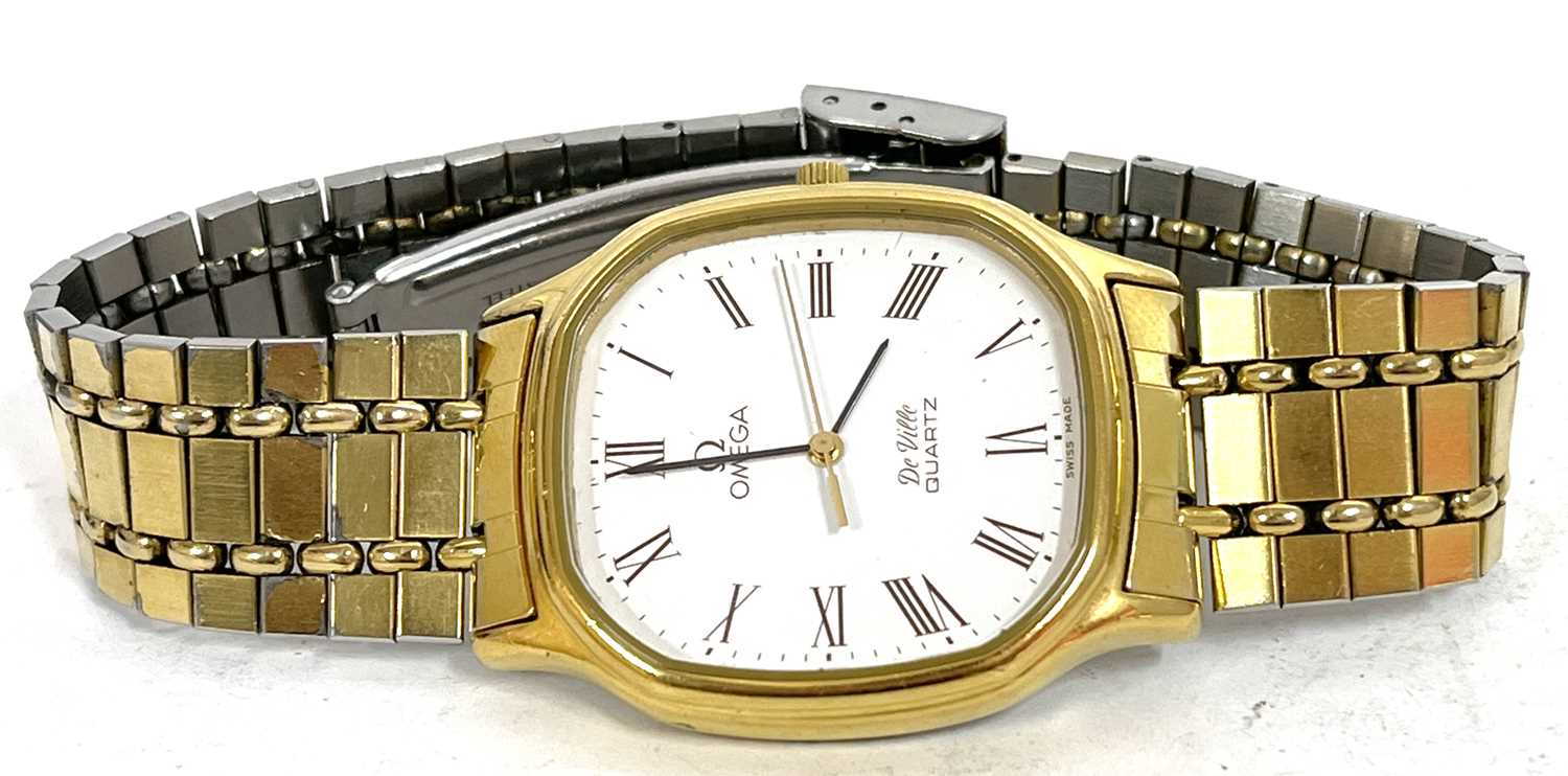 An Omega Deville Quartz wristwatch, the watch has a plated bracelet and case along with a Quartz