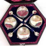 Victorian cased set of four silver plated open salts of cauldron shape, reeded decorated and