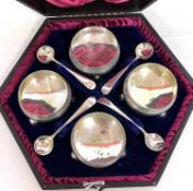 Victorian cased set of four silver plated open salts of cauldron shape, reeded decorated and