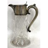 Victorian silver mounted claret jug with clear glass wrythen shaped body, plain silver mount and