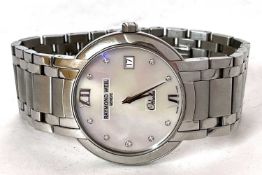 A Raymond Weil Othello stainless steel wrist watch with box, the watch has a mother of pearl dial