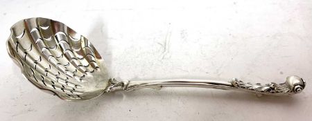 Victorian silver sifter ladle with pierced shell bowl, foliate and shell design cast terminal,