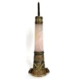 An antique German silver and rose quartz cane handle, the silver gilt mounts with basket weave and