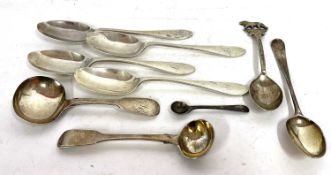 Mixed Lot: A Georgian fiddle pattern long handled caddy spoon, Newcastle 1831, four teaspoons,