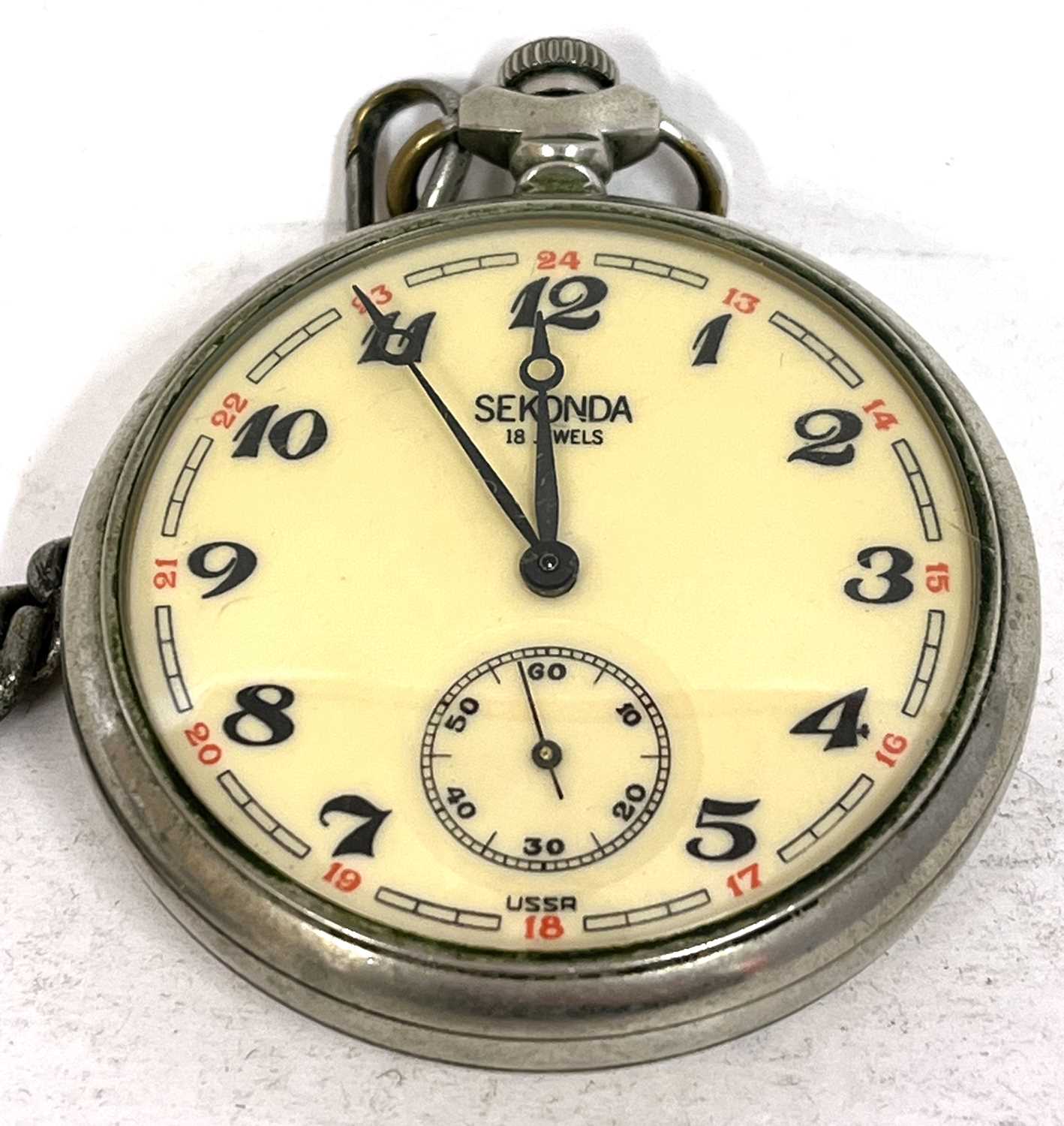 A metal Sekonda pocket watch with a metal chain, a manually crown wound movement and the dial - Image 2 of 3