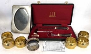 Mixed Lot: A cased vintage Dunhill bar accessory set with stag horn handles, a silver plated