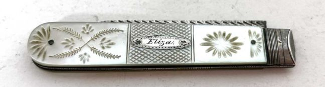 A Victorian mother of pearl and silver plated folding fruit knife, the carved handle applied with