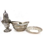 Mixed Lot: A small Dutch silver basket of pierced oval form with beaded swing handle, 9.5cm long,