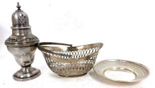 Mixed Lot: A small Dutch silver basket of pierced oval form with beaded swing handle, 9.5cm long,