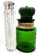 Mixed Lot: An Edwardian glass scent bottle of cylindrical form having a faceted design with screw on