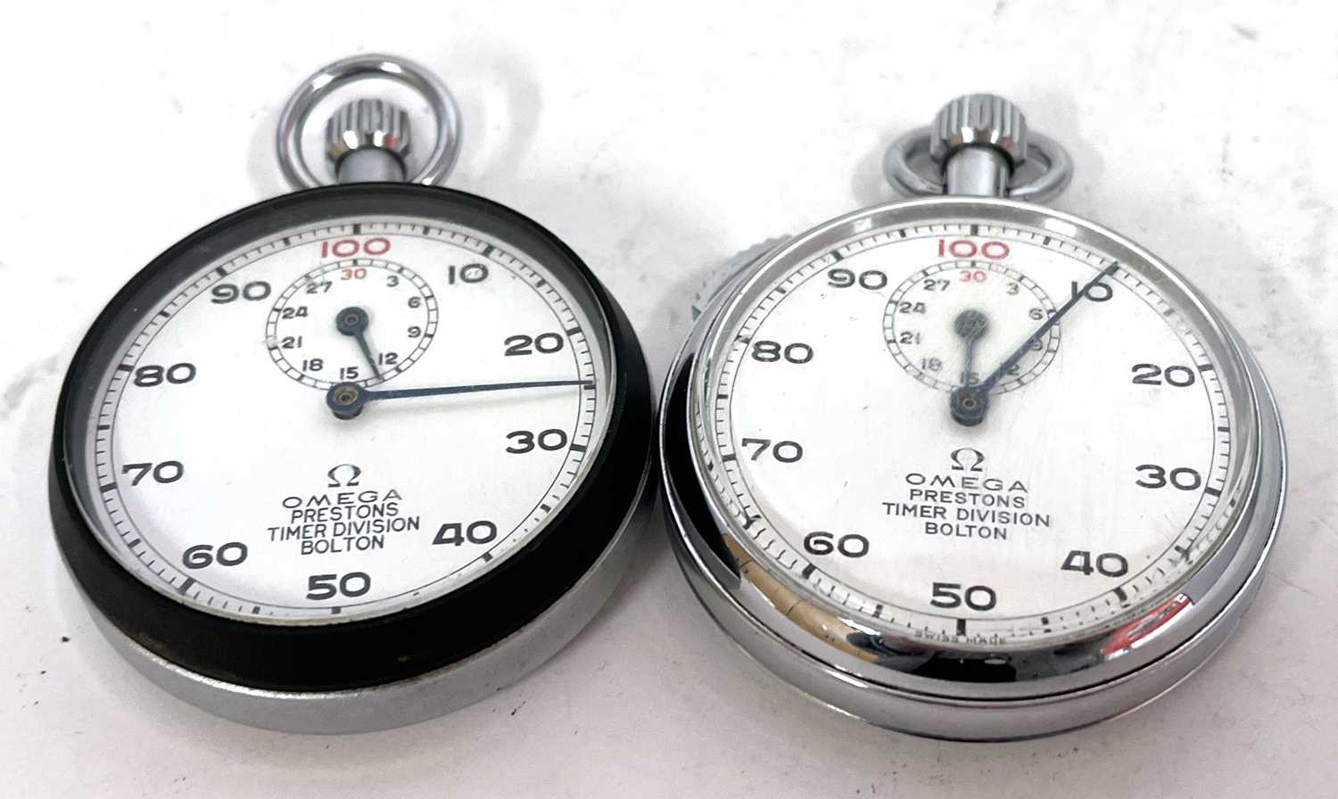Two Omega Stopwatches, both have manually crown wound movements with white dials and contrasting - Image 2 of 3
