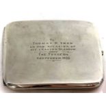 A George V silver cigarette case of square plain polished design, one side with personalised