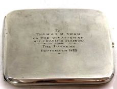 A George V silver cigarette case of square plain polished design, one side with personalised