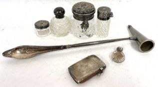 Mixed Lot: An Edwardian silver vesta of plain form, Chester 1906, two silver lidded dressing table