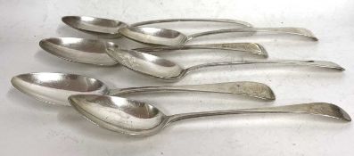 Group of six Georgian Old English pattern tablespoons of various dates/makers, 350gms