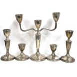 Hallmarked silver matching twin branch candelabra, candlesticks and dressing table sticks,