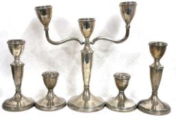 Hallmarked silver matching twin branch candelabra, candlesticks and dressing table sticks,