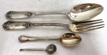 Mixed Lot: French silver fork and spoon, EPNS teaspoon and a coin spoon