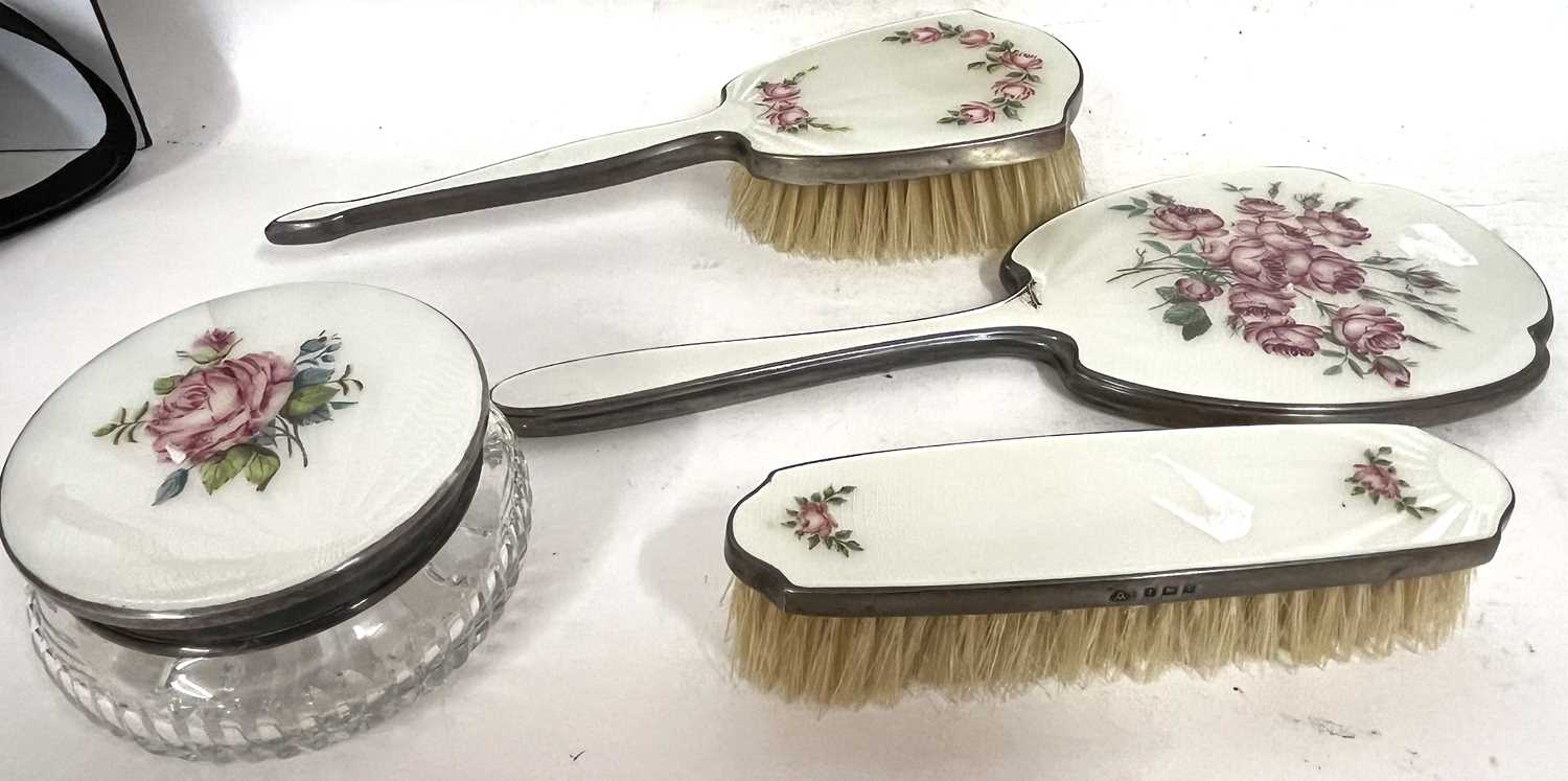 Group of four pieces of enamelled back dressing table wares to include hand mirror, hairbrush and - Image 2 of 2