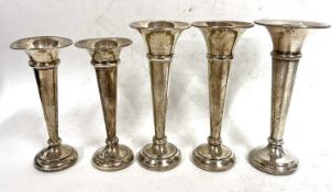 Mixed Lot: Two small pairs of silver trumpet spill vases, Birmingham 1982 and 1985 together with a