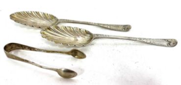 Mixed Lot: A pair of Georgian Hanoverian rat tail pattern spoons with foliate bowls and bright cut
