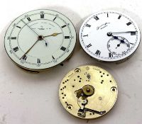 Lot of three pocket watch movements and dials, one by Thomas Russell & Sons complete with white