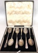 Cased set of six silver teaspoons in Hanoverian rat tail pattern, hallmarked Birmingham 1977, makers