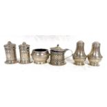 Mixed Lot: Three piece condiment set comprising cylindrical pierced shaped salt and pepper, hinged