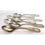 Six white metal fiddle pattern teaspoons, circa 1840, marked with Eagle, Armour, Hammer and a