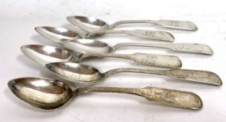 Six white metal fiddle pattern teaspoons, circa 1840, marked with Eagle, Armour, Hammer and a