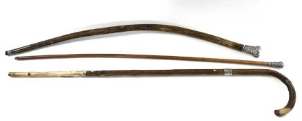 A group of three sticks each with hallmarked silver mounted bands (a/f) (3)