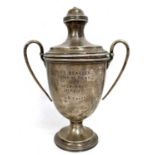 A George V silver twin handled pedestal trophy engraved R.E Beagles, Point to Point 1923, Open