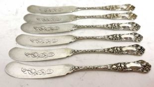 An antique set of six sterling pate/butter knives, circa 1896 in American Beauty pattern by George