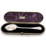 A cased William IV spoon overall decorated with bright cut decoration around initials, having a