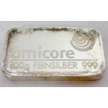 A Umicore 100gm silver bar