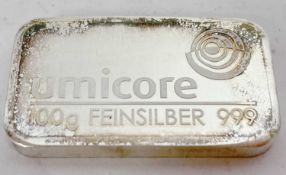 A Umicore 100gm silver bar