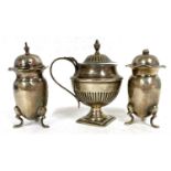 Mixed Lot: A pair of Edwardian baluster condiments, Birmingham 1918 together with a Victorian urn