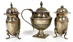 Mixed Lot: A pair of Edwardian baluster condiments, Birmingham 1918 together with a Victorian urn