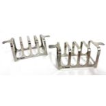 Pair of George VI silver toast racks of angular design with four divisions and twin handles,