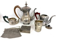 Mixed Lot: A continental white metal beaker (a/f), white metal teapot with presentation engraving (