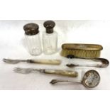 Mixed Lot: Hallmarked silver sifting spoon, two glass table jars with silver lids, a mother of pearl
