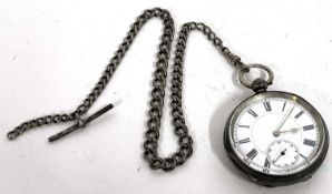 A white metal pocket watch and chain, the pocket watch is stamped in the case back 0.935, it